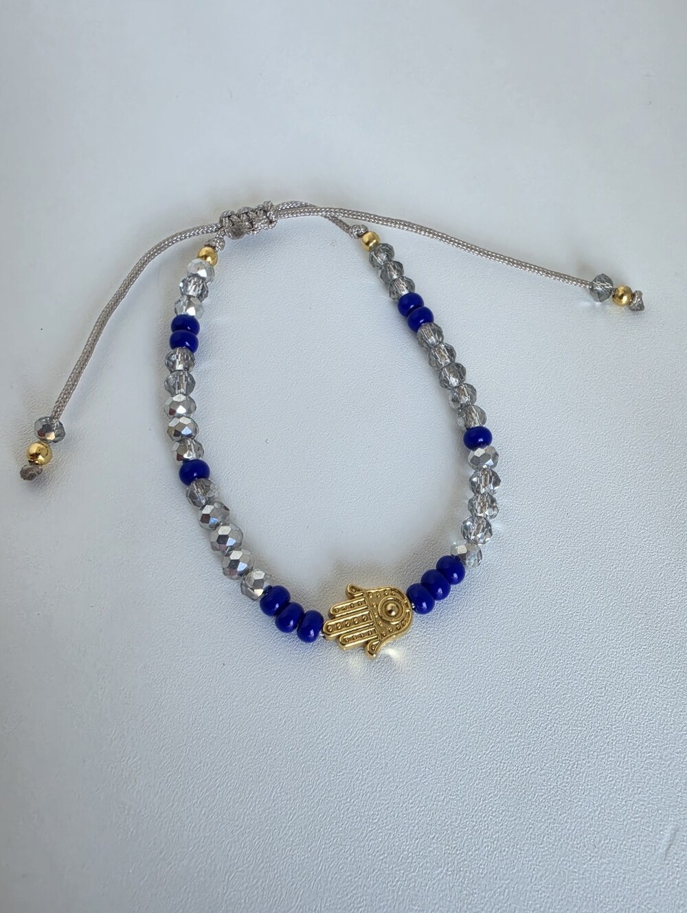 Handmade Adjustable Hamsa Hand Beaded Bracelet Blue Crystal Gold Tone Protection